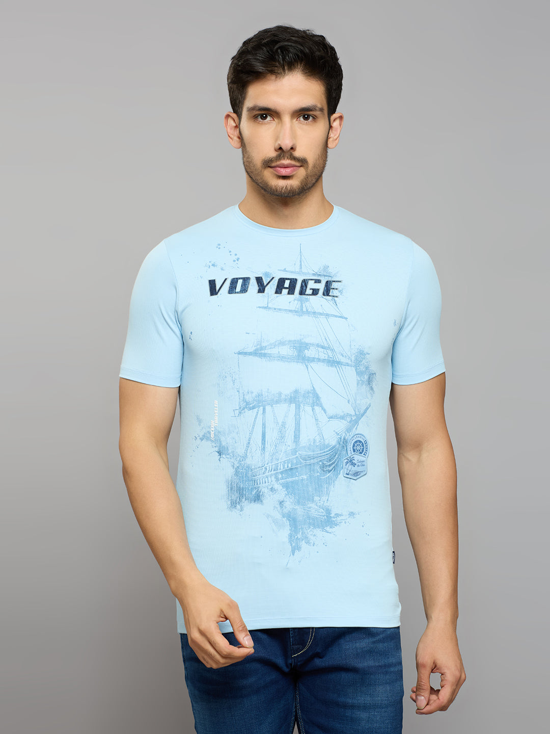 Men's Sky Blue Solid Slim Fit T-Shirts
