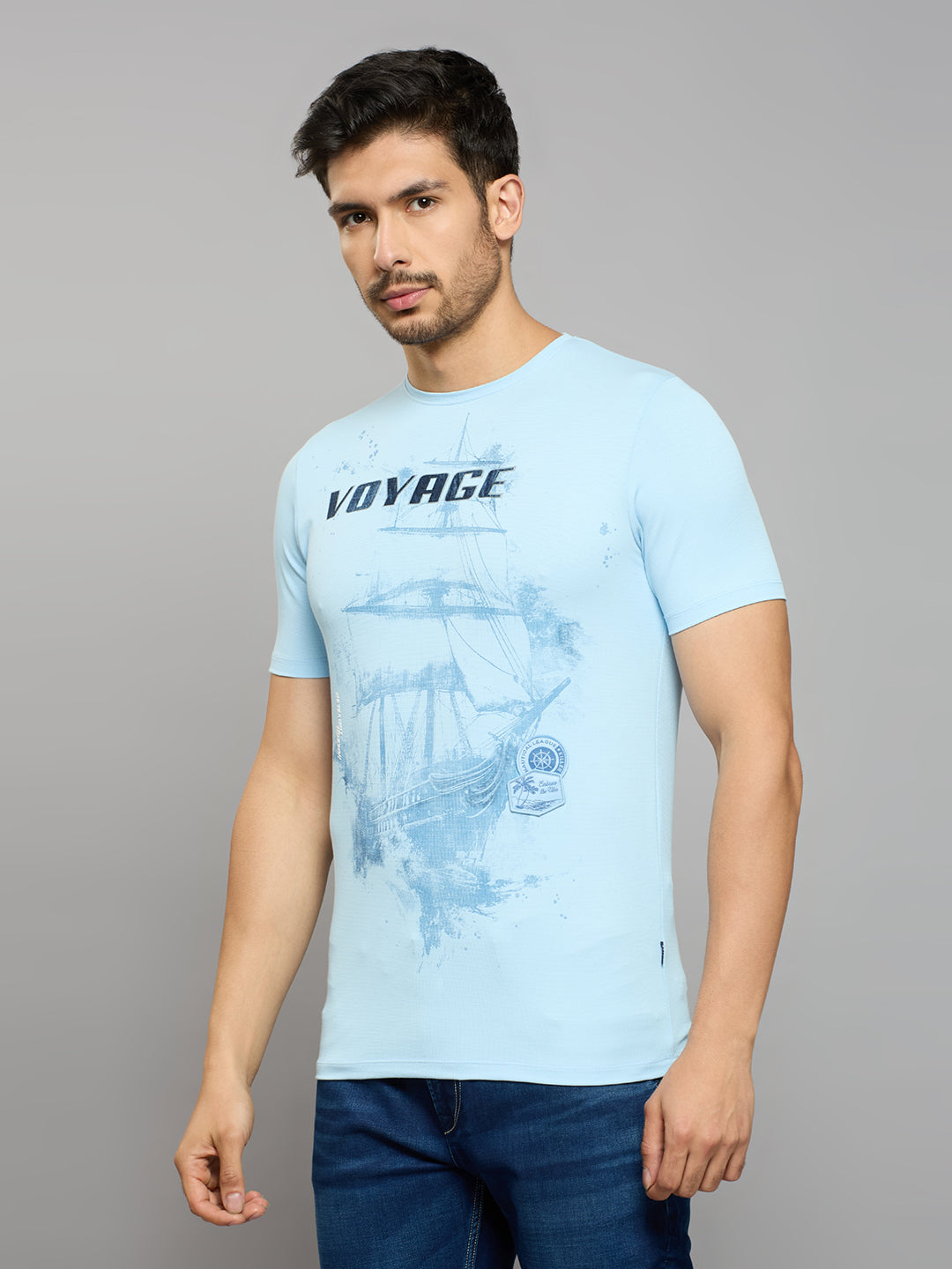 Men's Sky Blue Solid Slim Fit T-Shirts