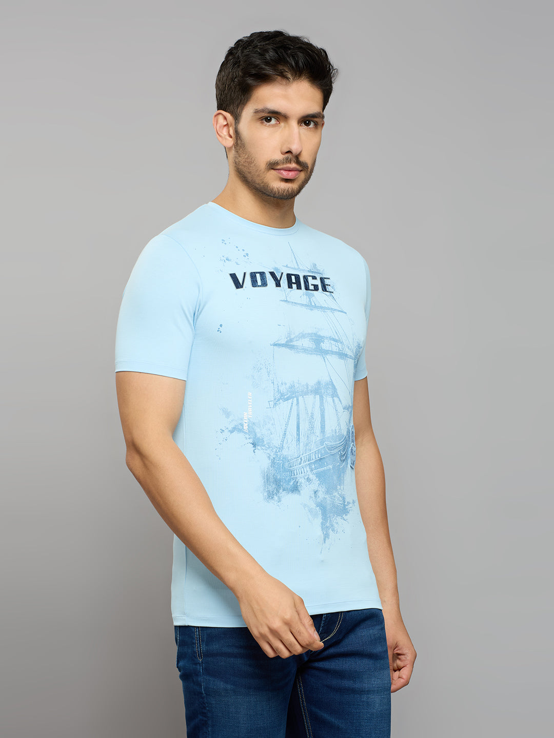 Men's Sky Blue Solid Slim Fit T-Shirts