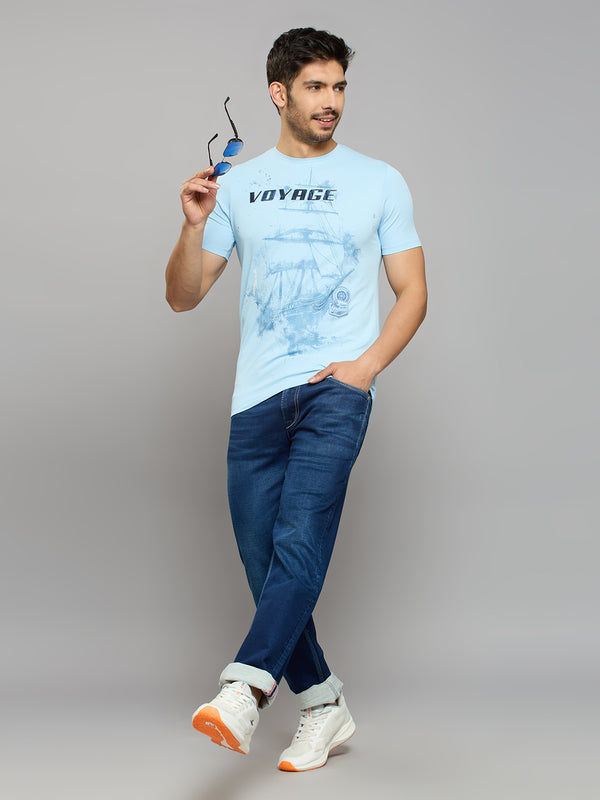Men's Sky Blue Solid Slim Fit T-Shirts