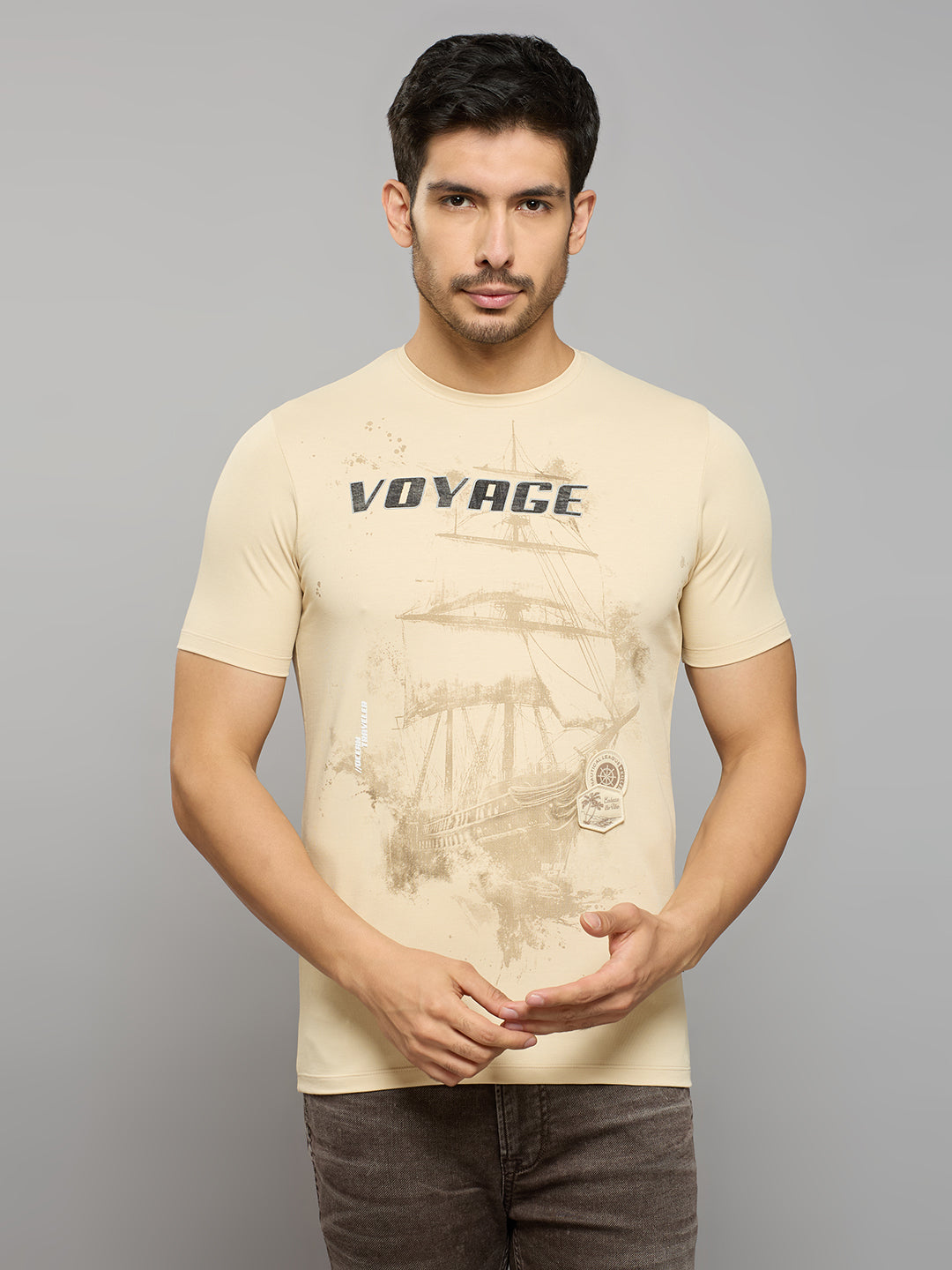 Men's Beige Solid Slim Fit T-Shirts