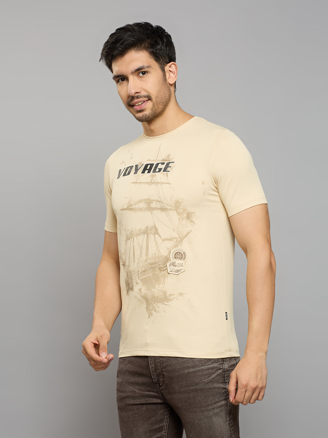 Men's Beige Solid Slim Fit T-Shirts