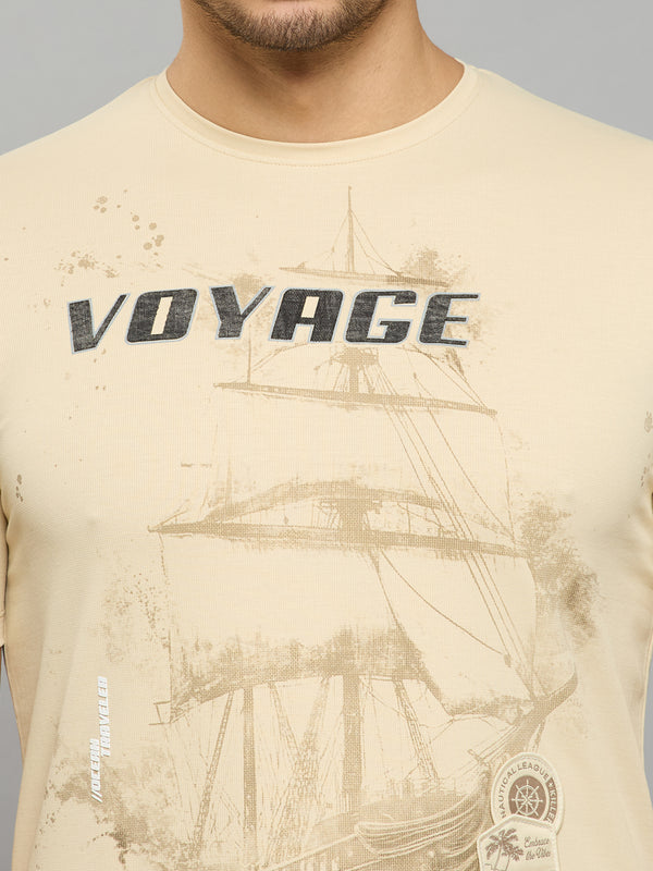 Men's Beige Solid Slim Fit T-Shirts