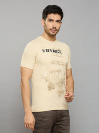 Men's Beige Solid Slim Fit T-Shirts