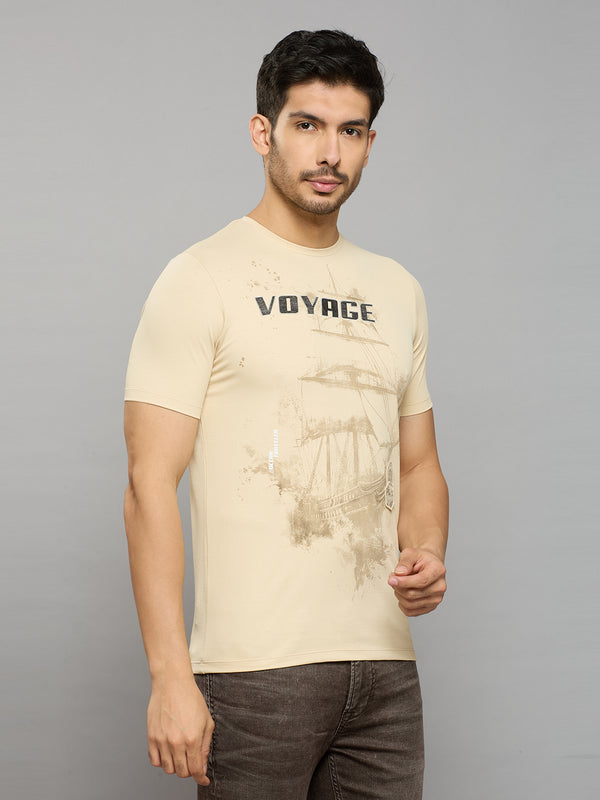 Men's Beige Solid Slim Fit T-Shirts