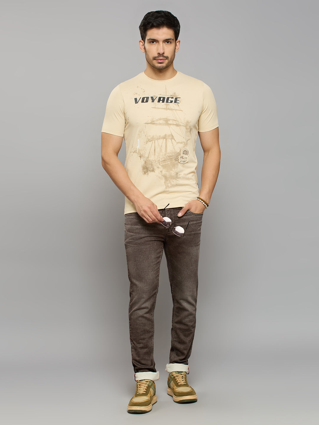 Men's Beige Solid Slim Fit T-Shirts