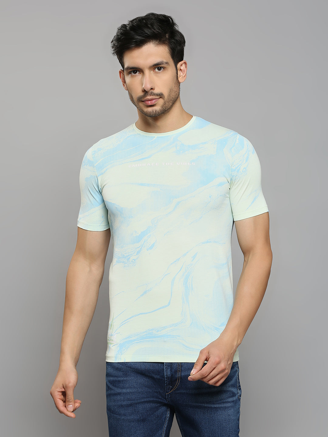 Men's Light Green Printed Slim Fit T-Shirts