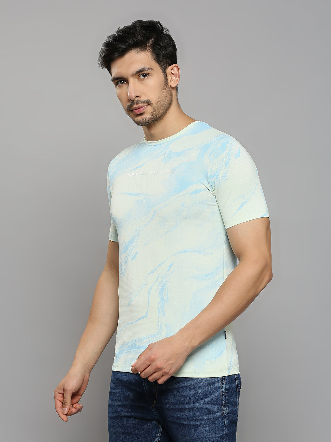 Men's Light Green Printed Slim Fit T-Shirts