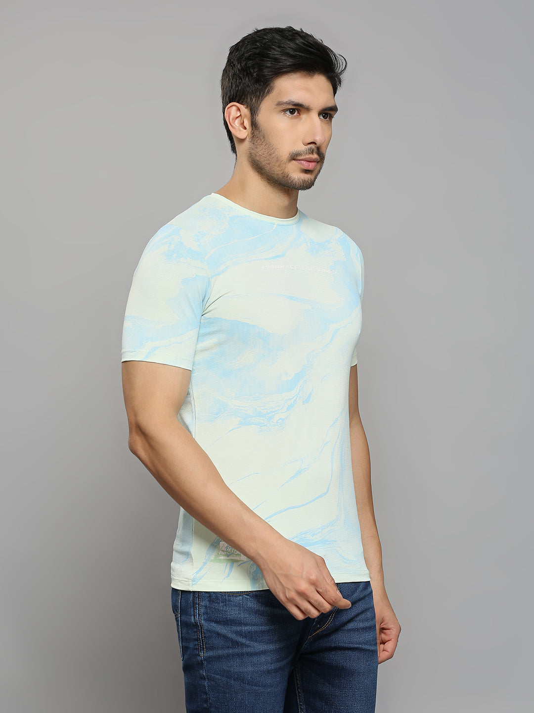 Men's Light Green Printed Slim Fit T-Shirts