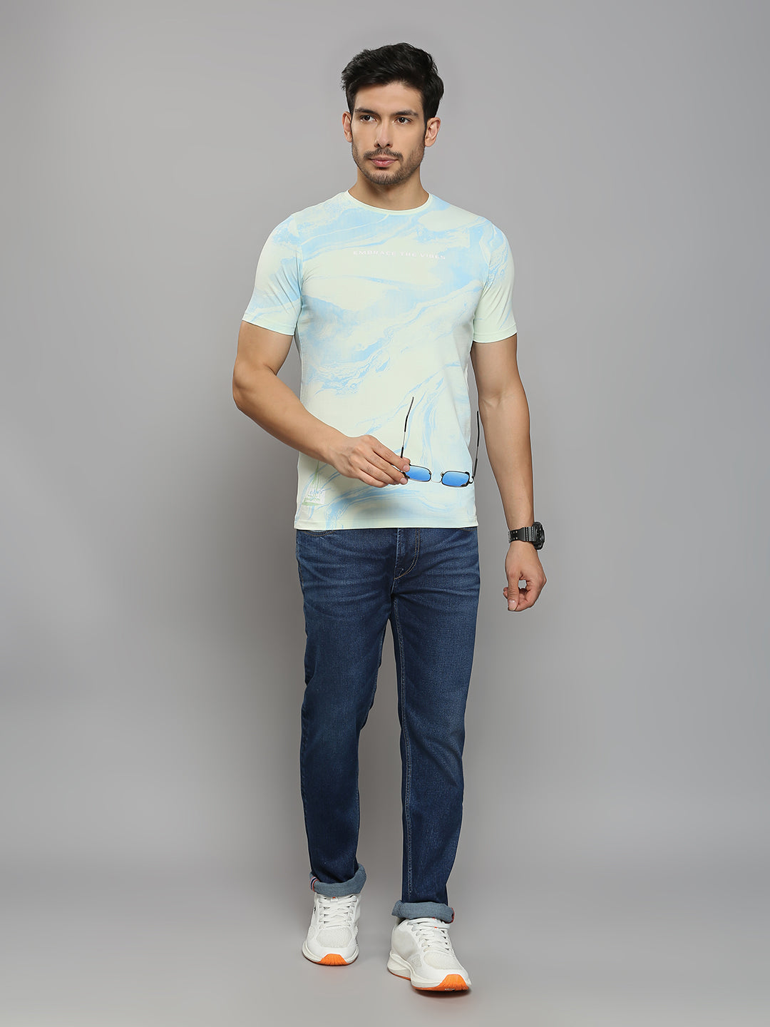 Men's Light Green Printed Slim Fit T-Shirts