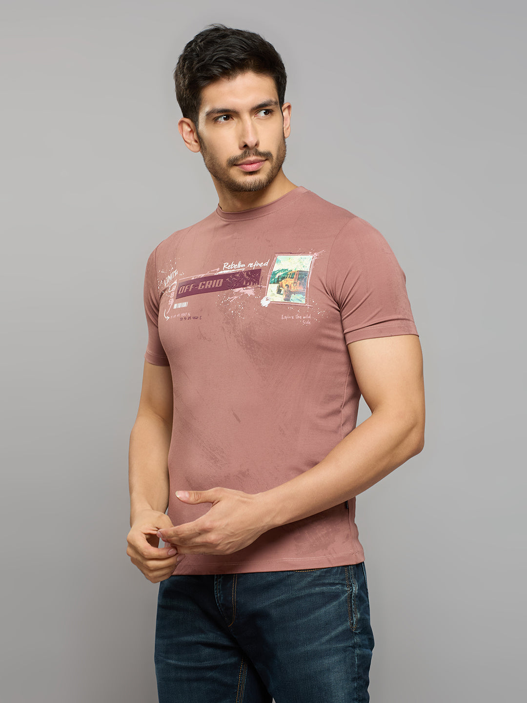 Men's Pink Printed Slim Fit T-Shirts