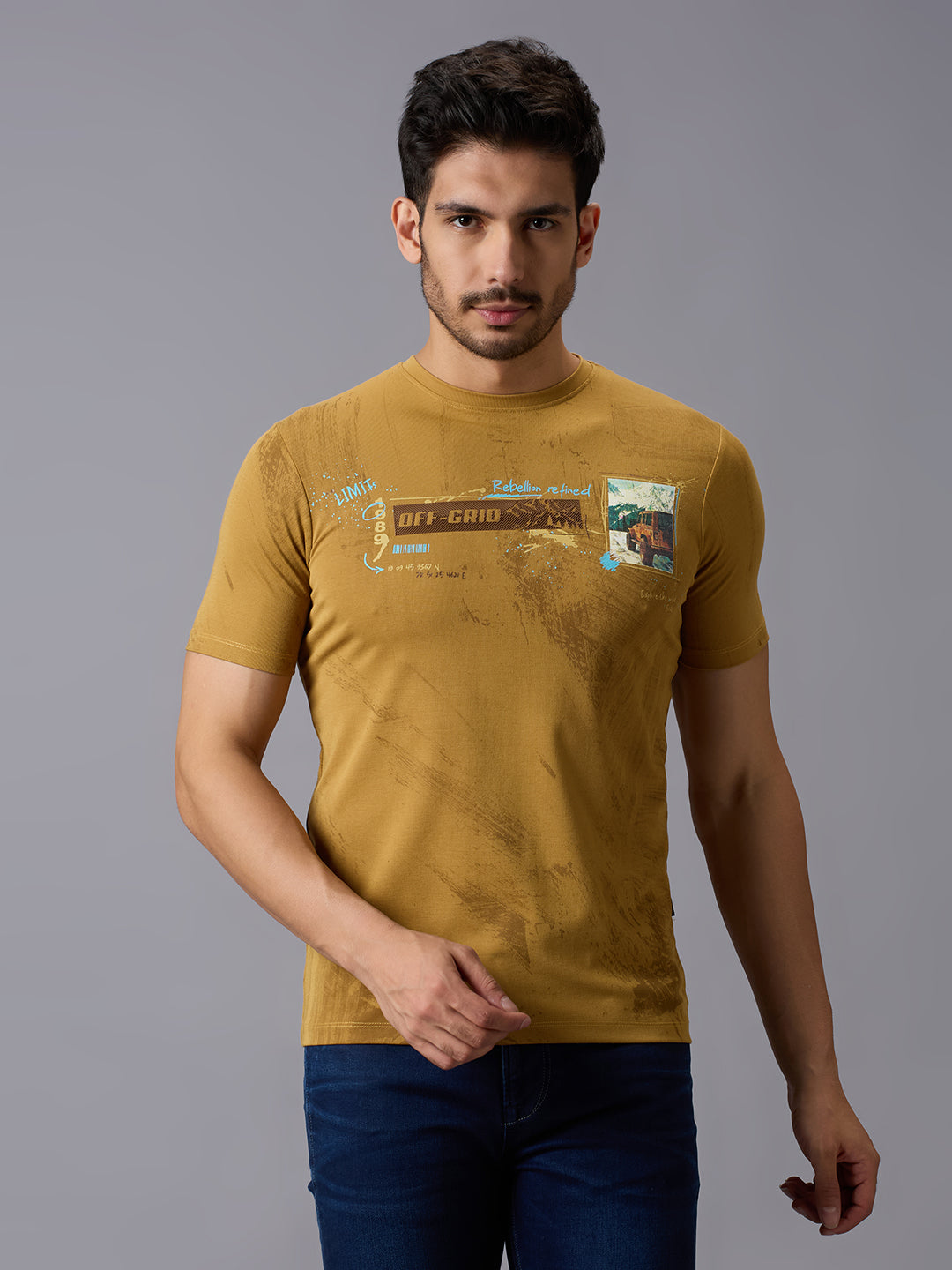 Men's Mustard Printed Slim Fit T-Shirts