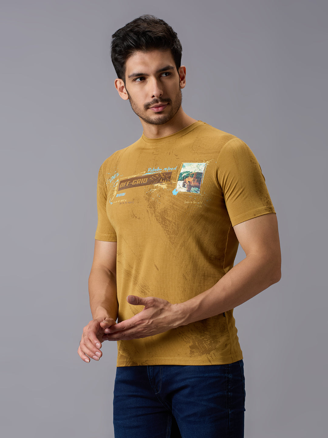 Men's Mustard Printed Slim Fit T-Shirts