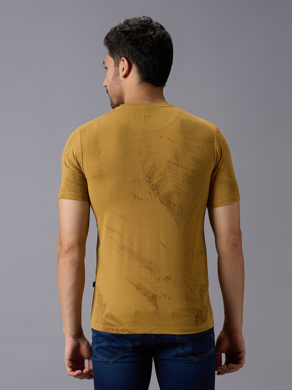 Men's Mustard Printed Slim Fit T-Shirts