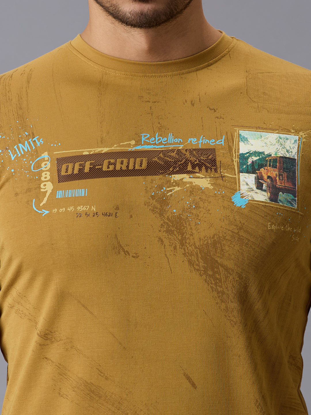 Men's Mustard Printed Slim Fit T-Shirts