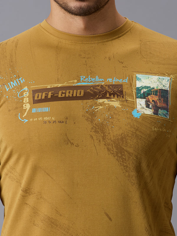Men's Mustard Printed Slim Fit T-Shirts
