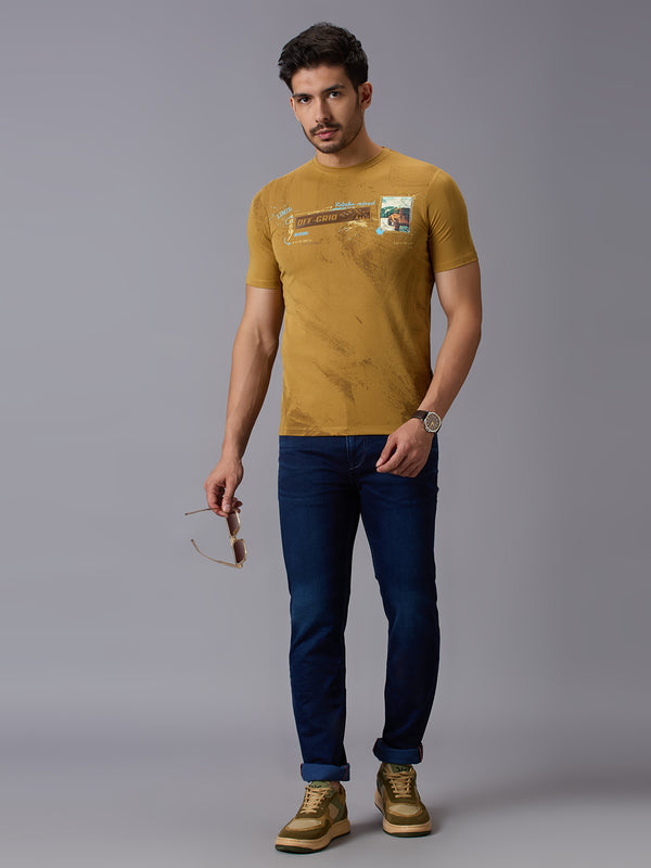Men's Mustard Printed Slim Fit T-Shirts