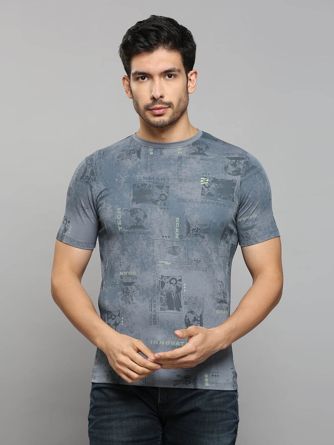 Men's Grey Printed Slim Fit T-Shirts