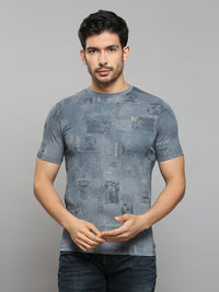 Men's Grey Printed Slim Fit T-Shirts