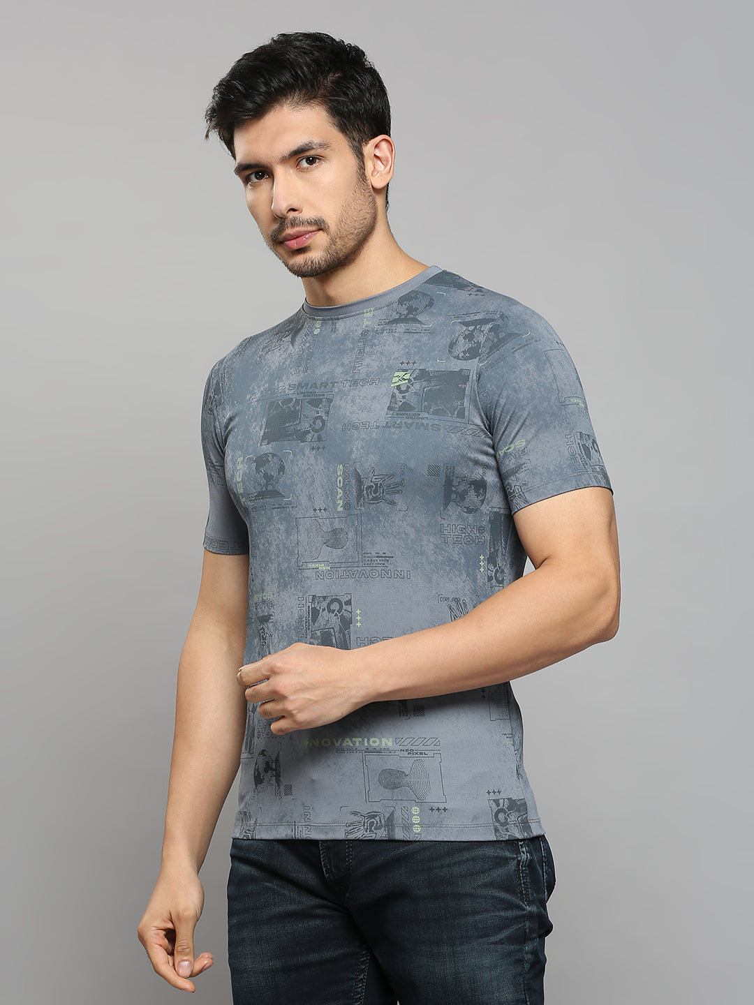Men's Grey Printed Slim Fit T-Shirts