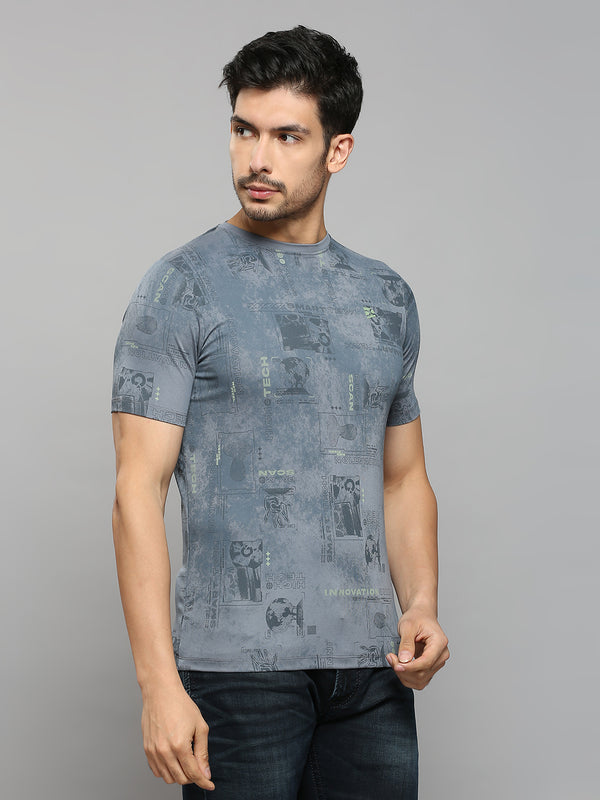 Men's Grey Printed Slim Fit T-Shirts