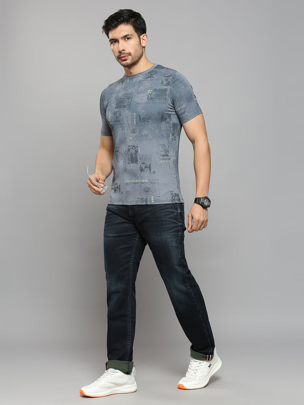 Men's Grey Printed Slim Fit T-Shirts