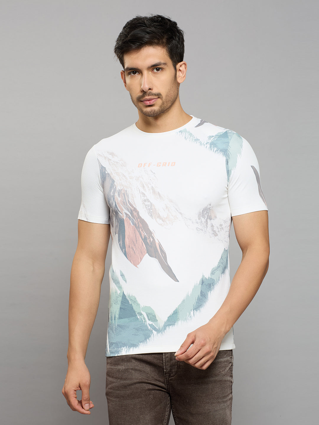 Men's Off White Printed Slim Fit T-Shirts