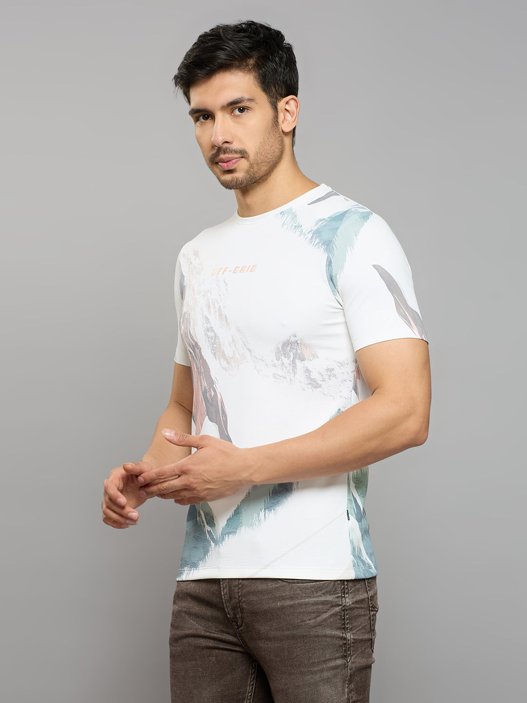 Men's Off White Printed Slim Fit T-Shirts
