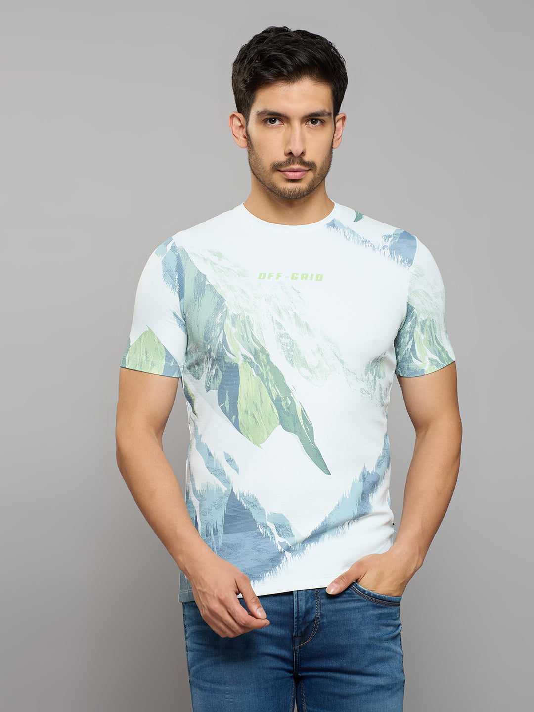 Men's Light Green Printed Slim Fit T-Shirts