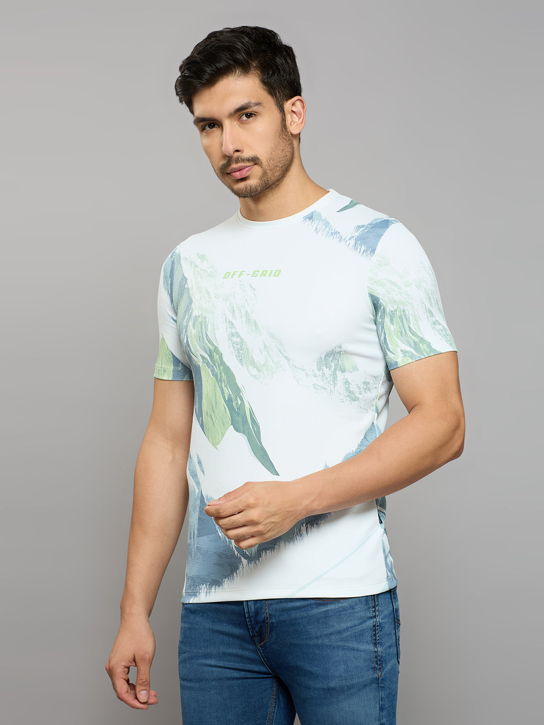 Men's Light Green Printed Slim Fit T-Shirts
