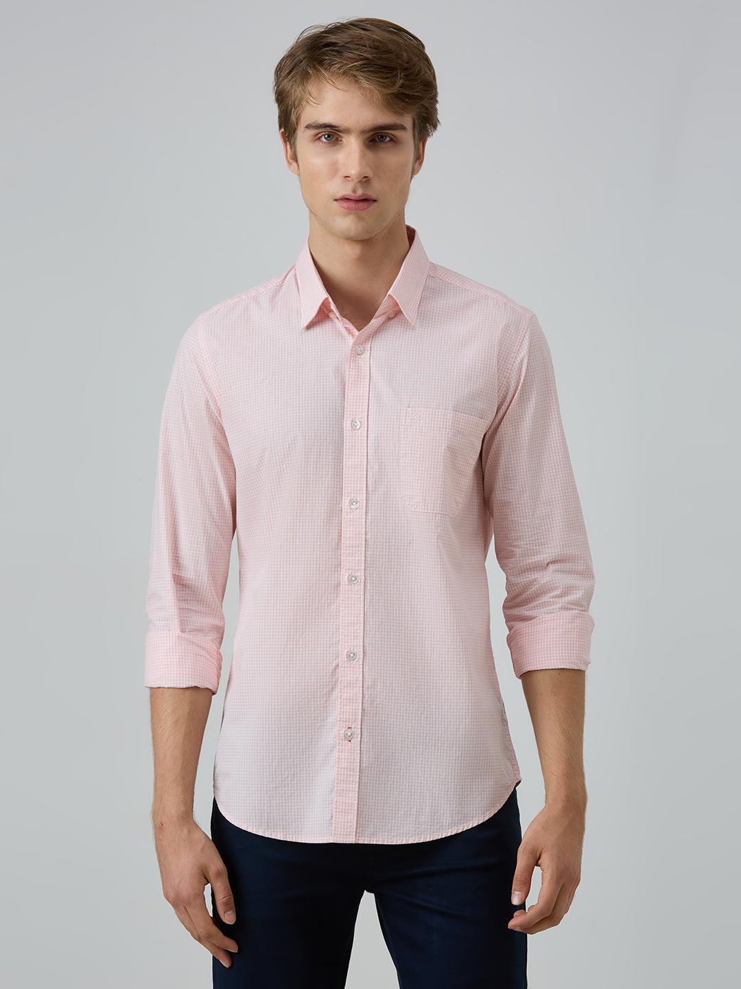 Men's Peach Checks Slim Fit Shirts