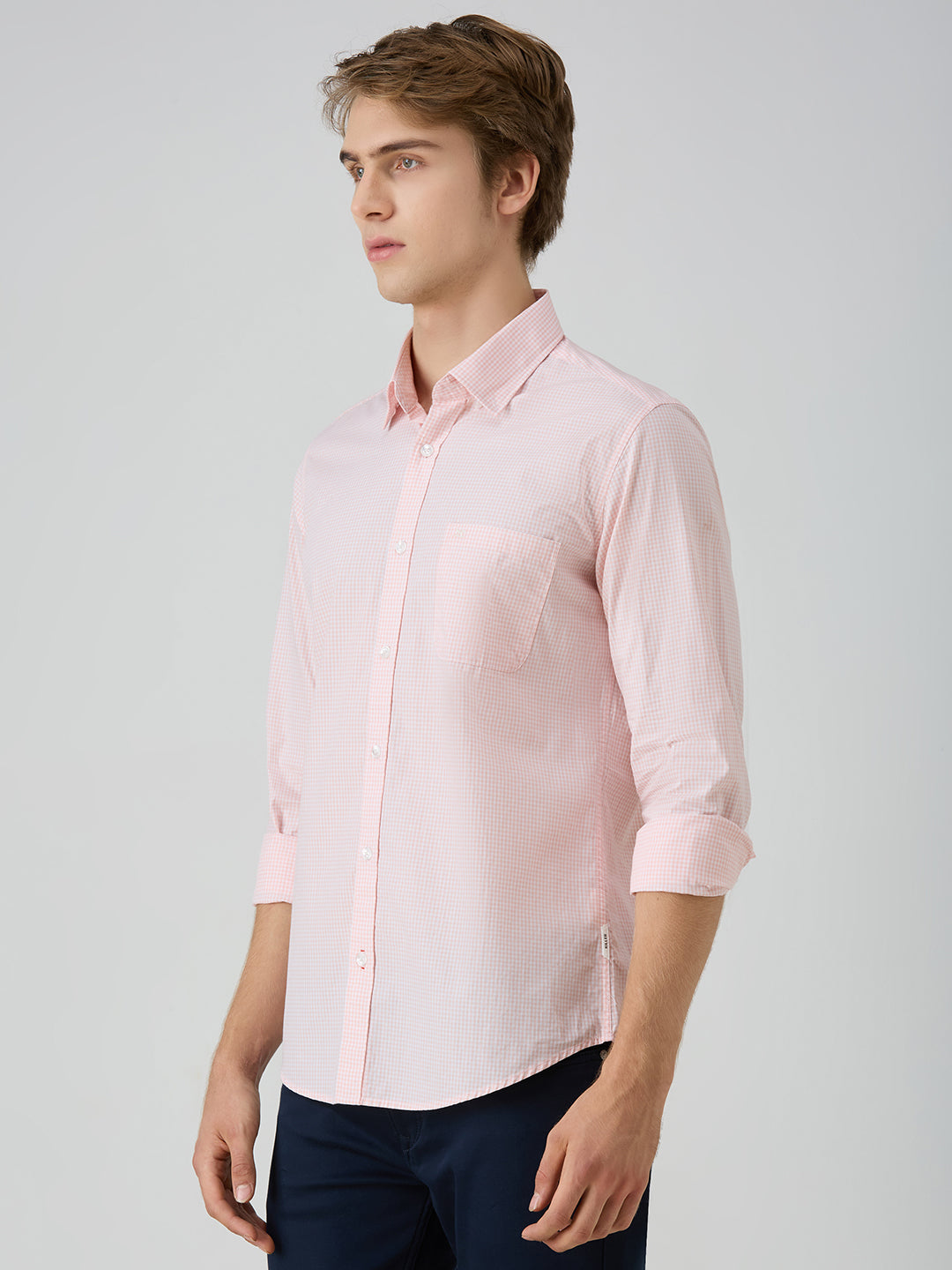 Men's Peach Checks Slim Fit Shirts