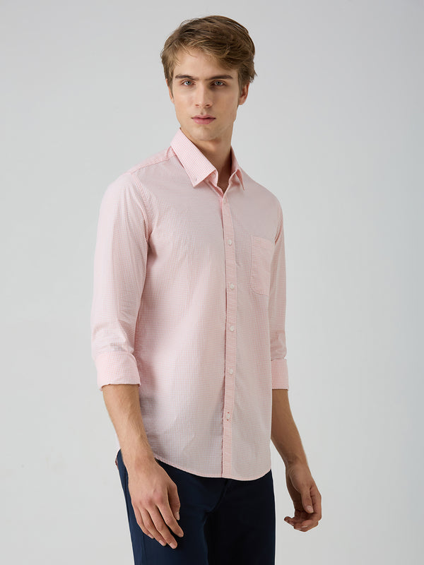Men's Peach Checks Slim Fit Shirts