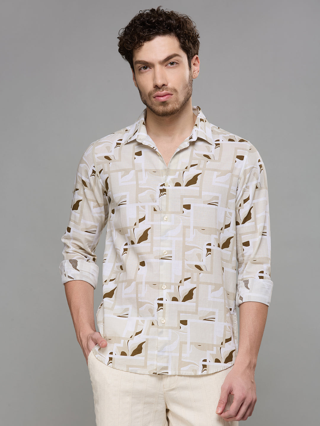 Men's Cream Printed Slim Fit Shirts