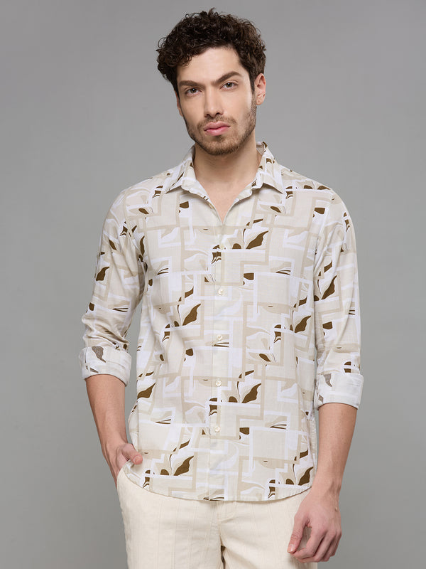 Men's Cream Printed Slim Fit Shirts