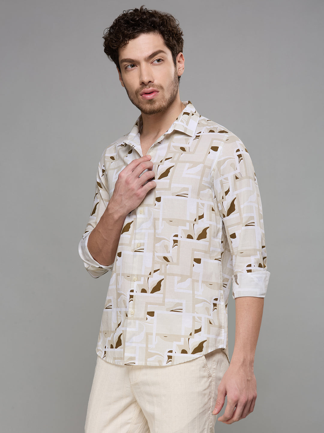 Men's Cream Printed Slim Fit Shirts