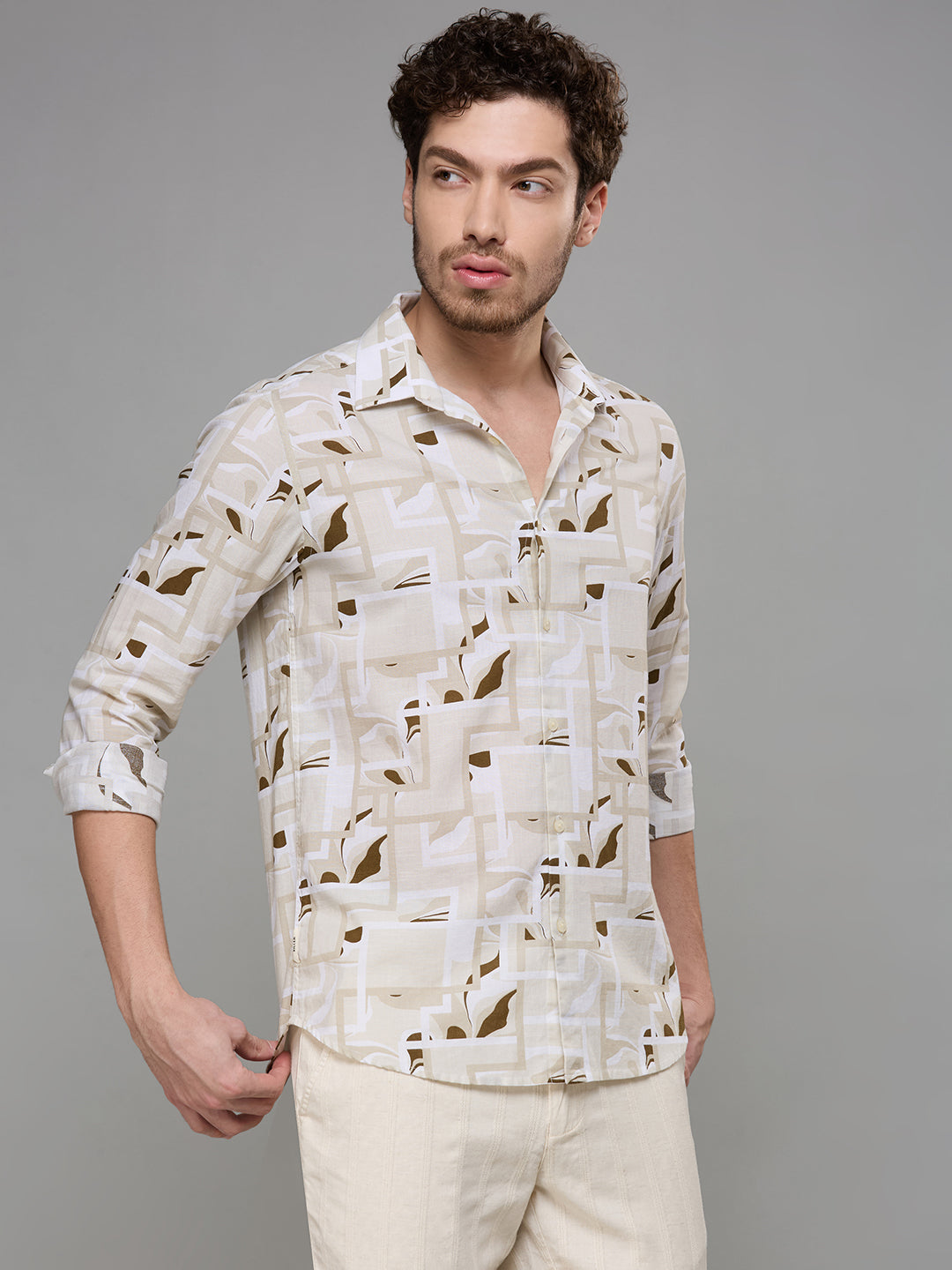 Men's Cream Printed Slim Fit Shirts