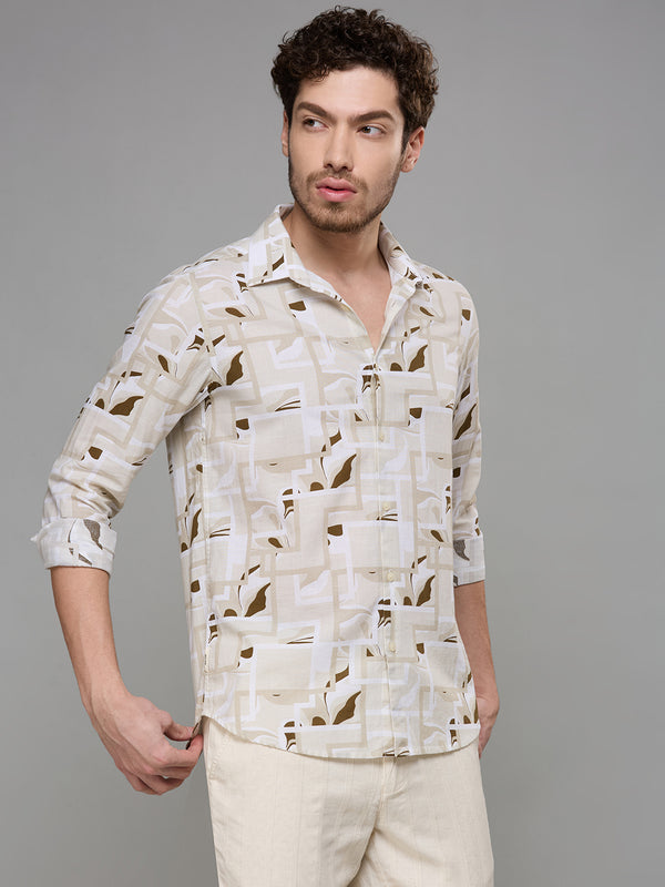 Men's Cream Printed Slim Fit Shirts