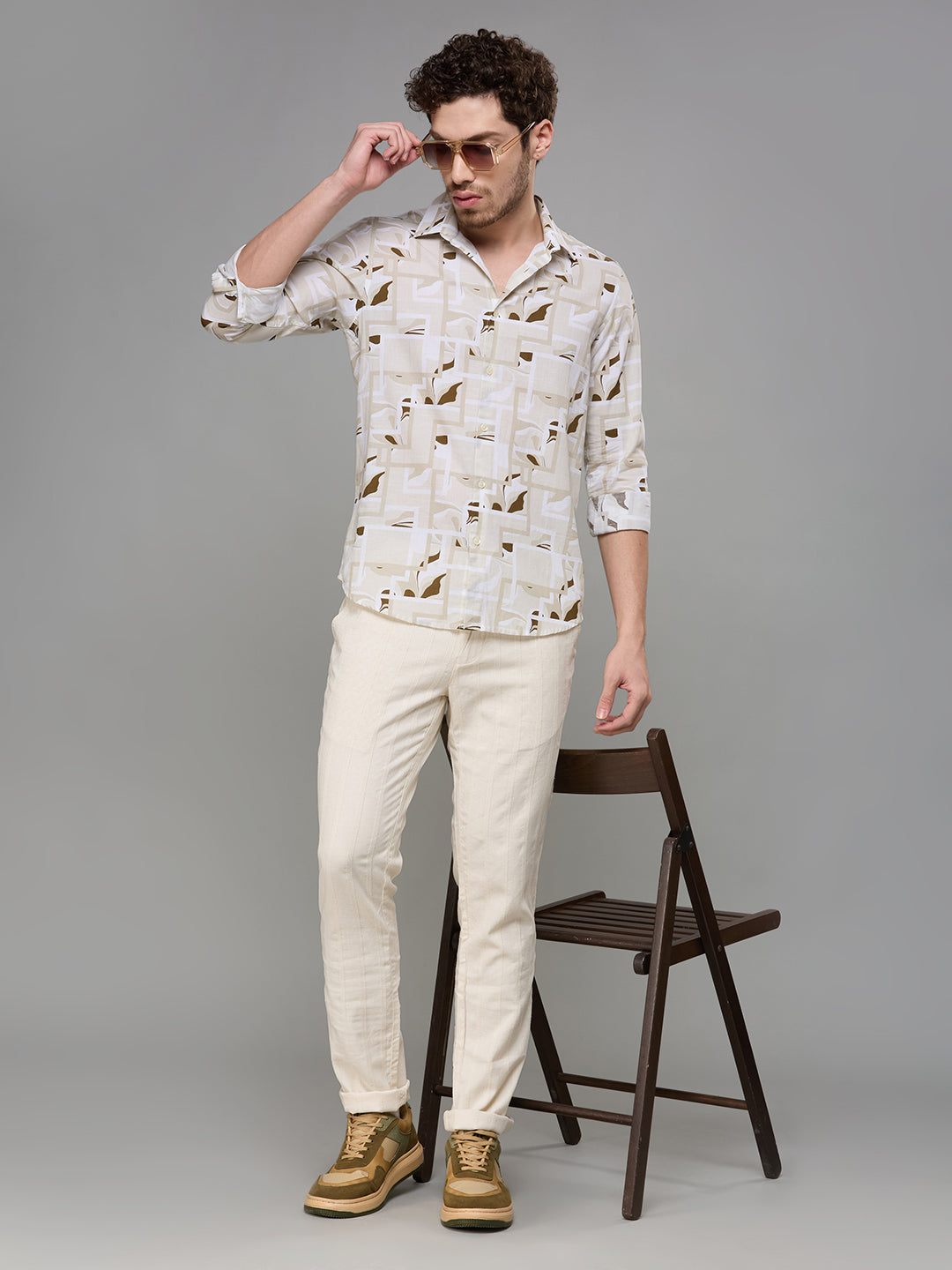 Men's Cream Printed Slim Fit Shirts