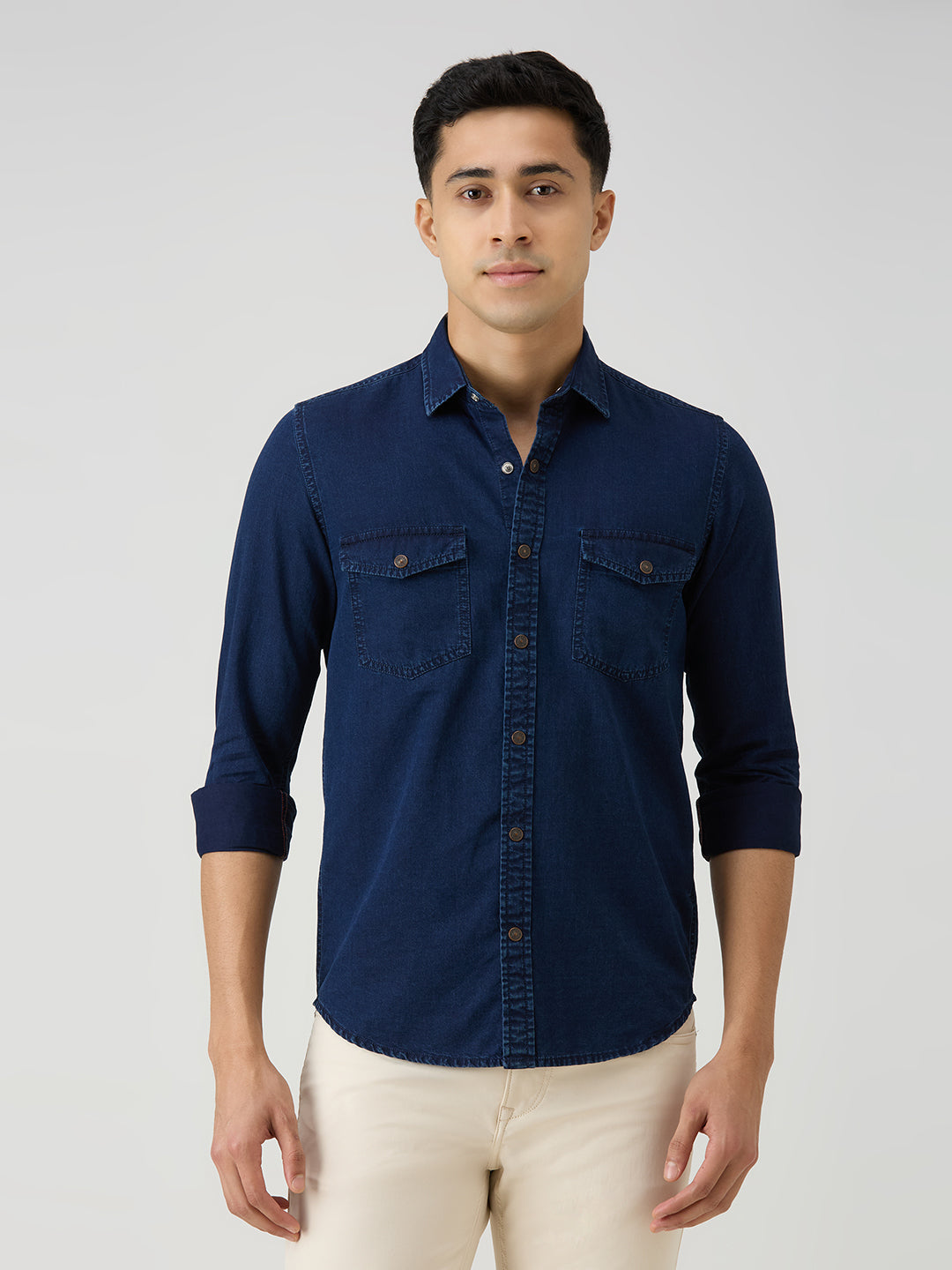 Men's Dark Blue Solid Slim Fit Shirts