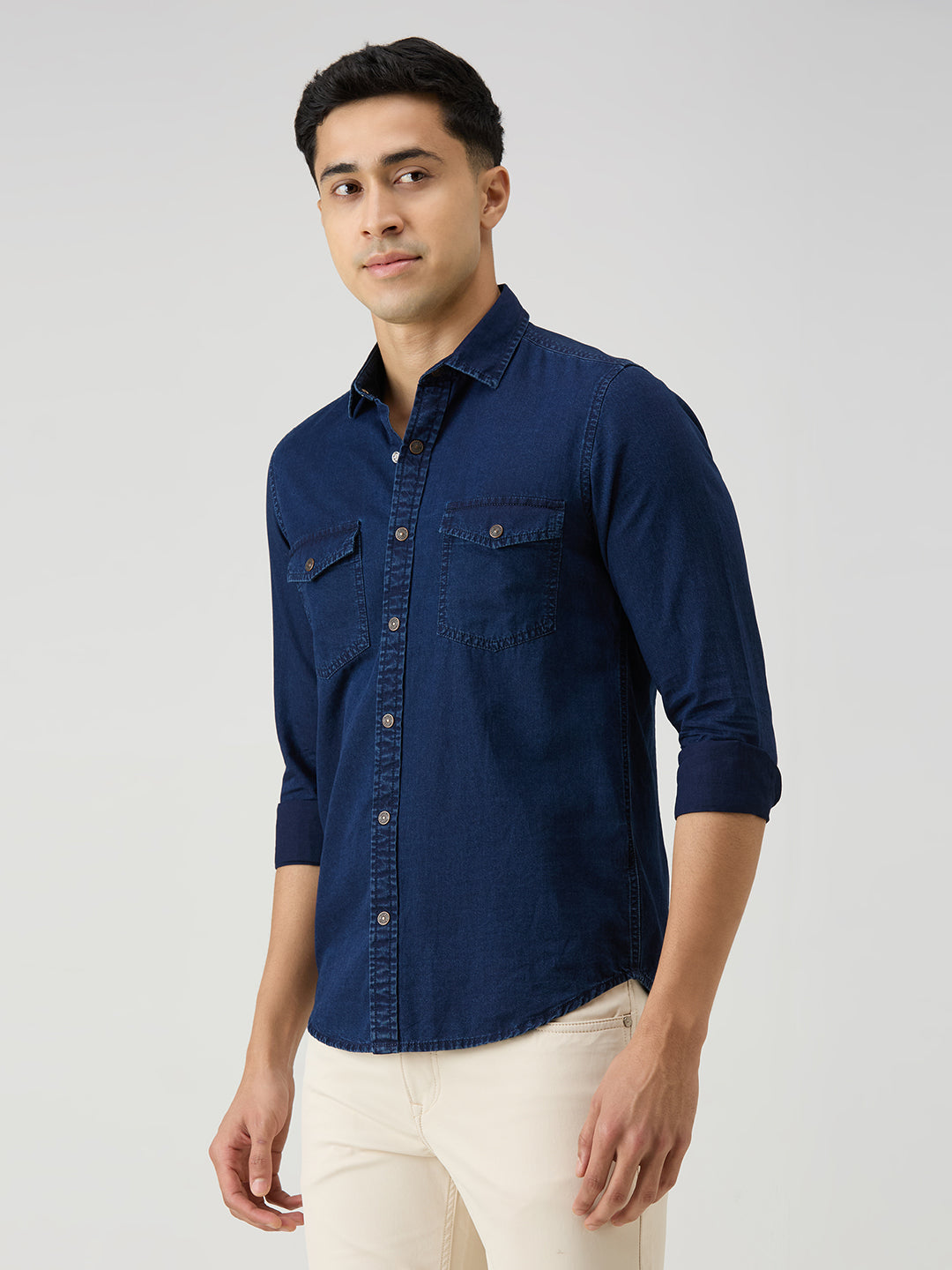 Men's Dark Blue Solid Slim Fit Shirts