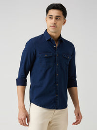 Men's Dark Blue Solid Slim Fit Shirts
