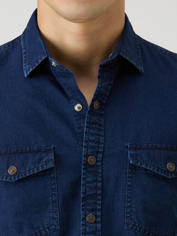 Men's Dark Blue Solid Slim Fit Shirts