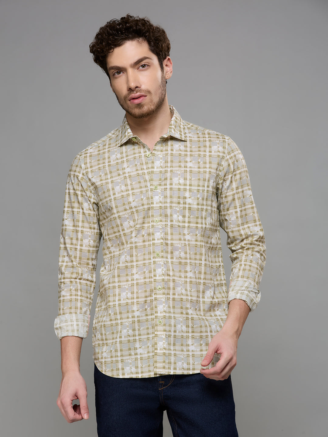 Men's Olive Printed Slim Fit Shirts
