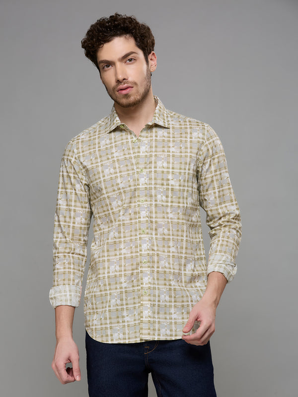 Men's Olive Printed Slim Fit Shirts