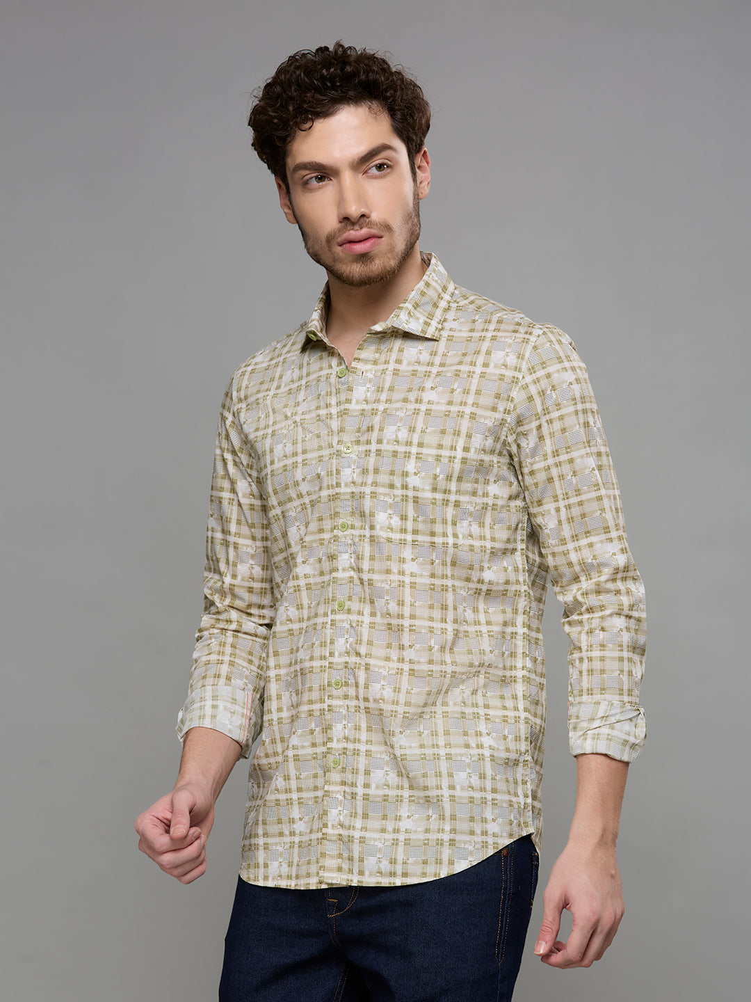 Men's Olive Printed Slim Fit Shirts