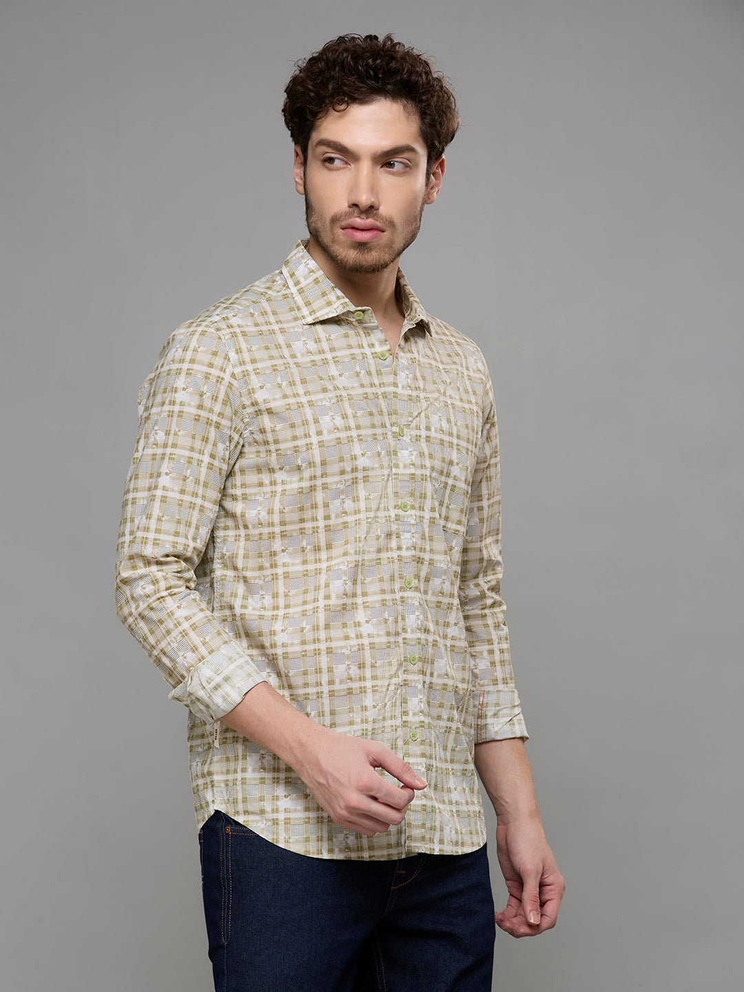 Men's Olive Printed Slim Fit Shirts