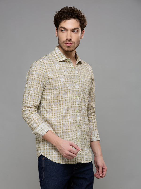 Men's Olive Printed Slim Fit Shirts