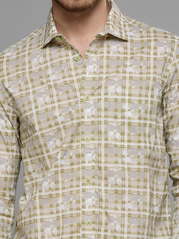 Men's Olive Printed Slim Fit Shirts