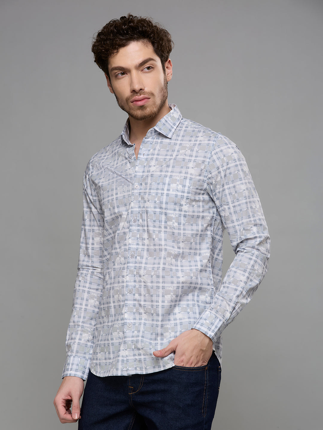Men's Grey Printed Slim Fit Shirts
